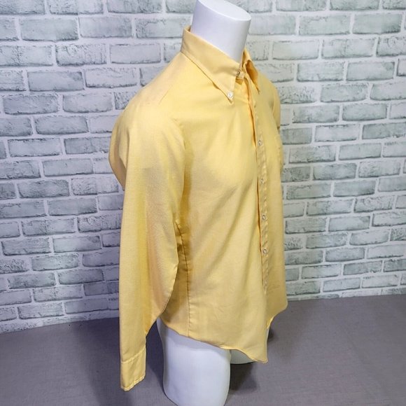 Vintage 60s 70s Mens 15.5/34 Yellow Knit Polyester Button Up Long Sleeve Shirt - Picture 4 of 6